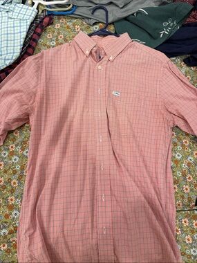 Men's Salmon Check Button-Down Shirt with Chest Pocket